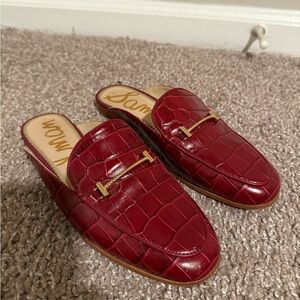 Sam Edelman Red Croc-Embossed Leather Backless Mules with Gold Accent